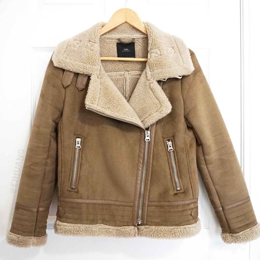 Zara Faux Vegan Suede Shearling Jacket Coat Fleece Moto Biker Aviator